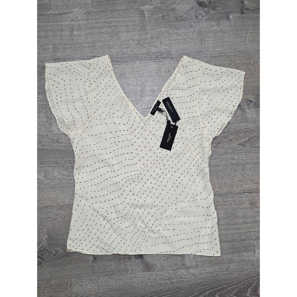 Rag & Bone Yvonne Top Womens 6 Ivory Print New V-Neck Flutter Sleeve Blouse